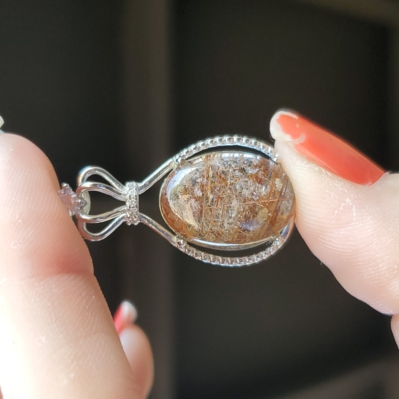 New Silver Wrapped Gold Rutilated Quartz Oval Rhinestone Crown Pendant. - Picture 8 of 12